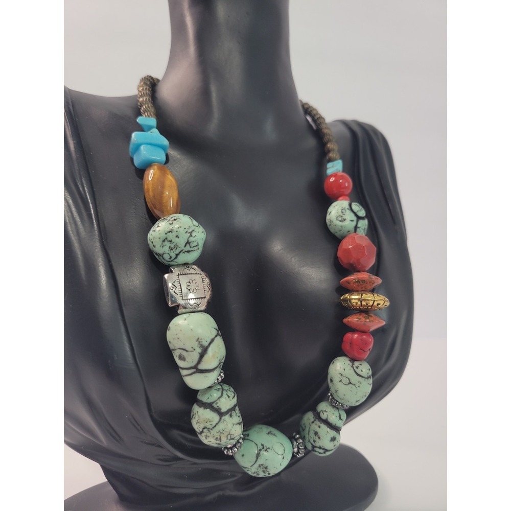 Green Red Orange Blue Chunky Beaded Statement Necklace Boho Southwestern